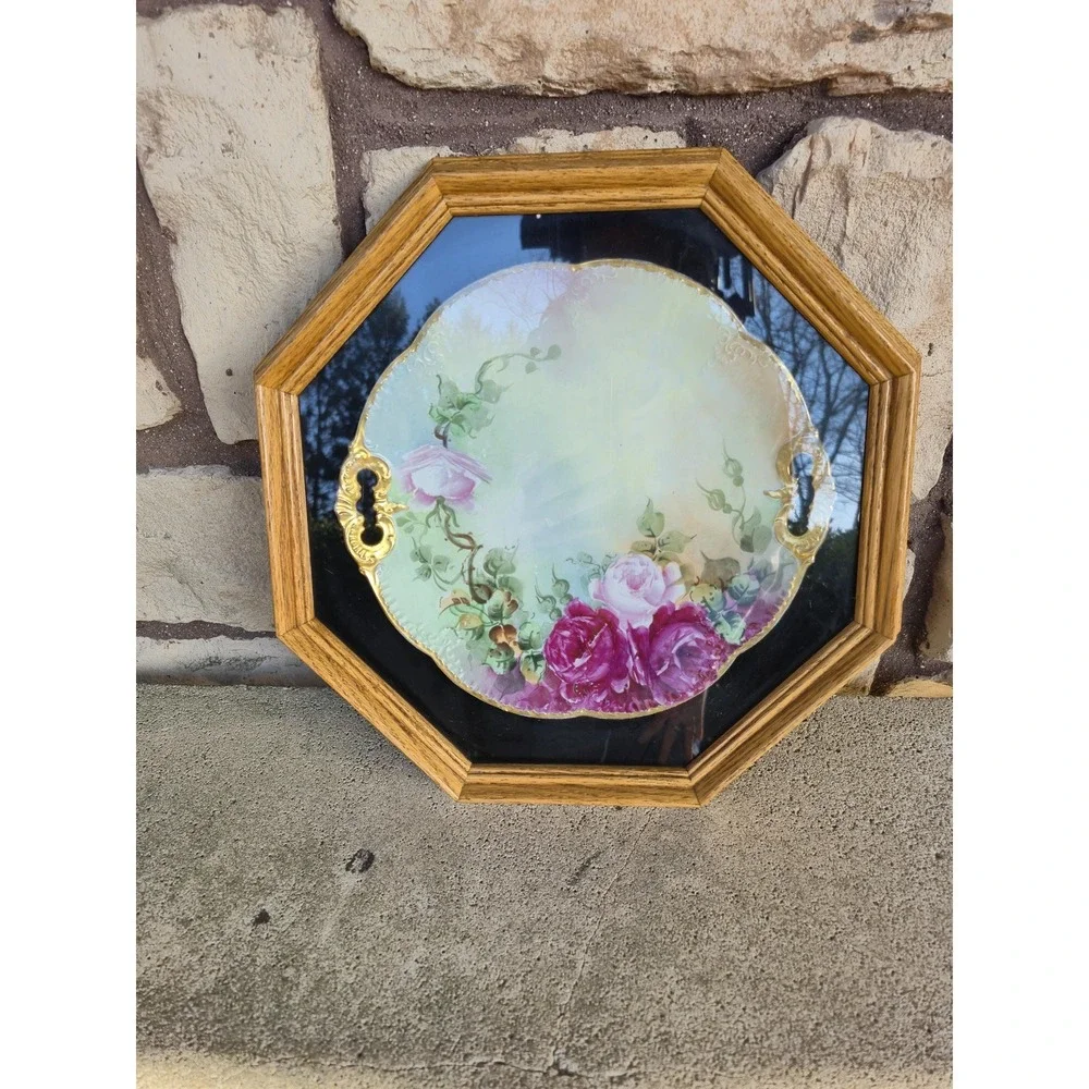 Vintage Hand Painted Rose Porcelain Plate Framed Wall Art Signed F.R.L Victorian